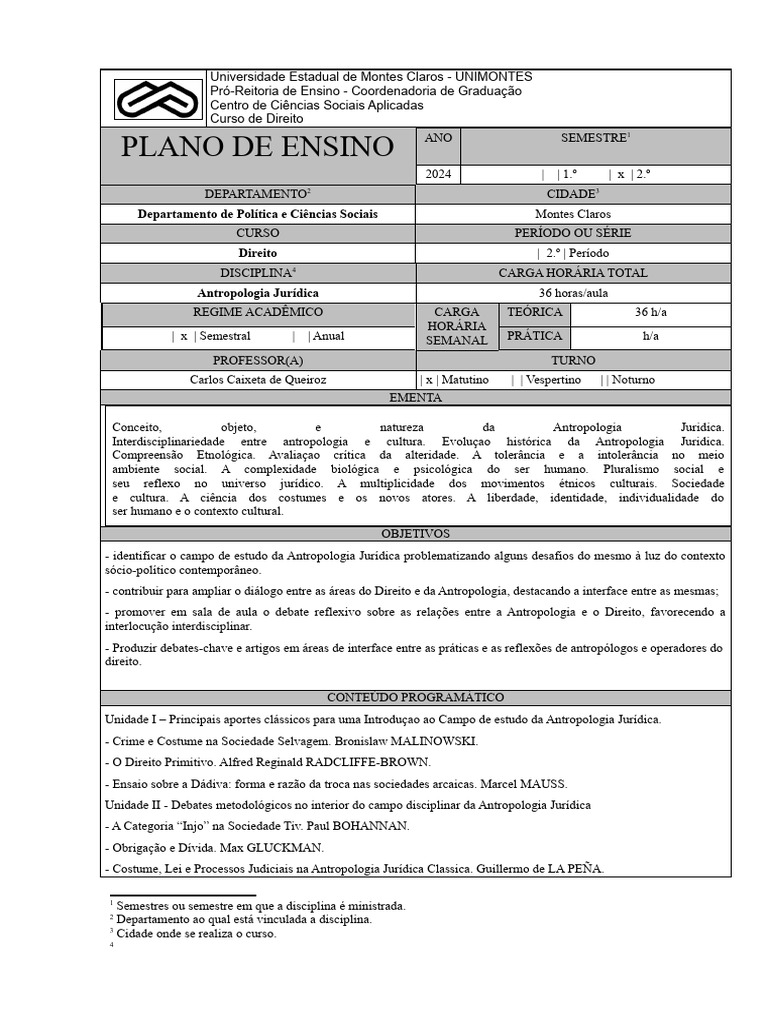 Plano de Ensino: Antropologia Jurídica | PDF | Antropologia | Sociologia