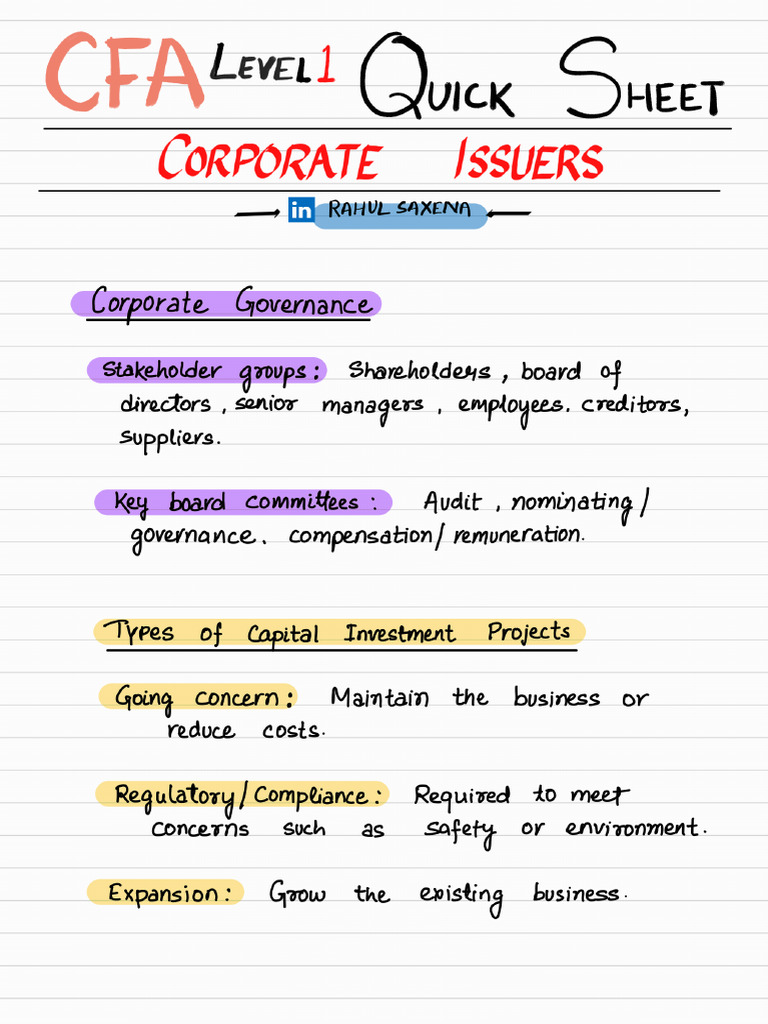 CFA Level 1 Quick Sheet Corporate Issuers 1717941141 | PDF