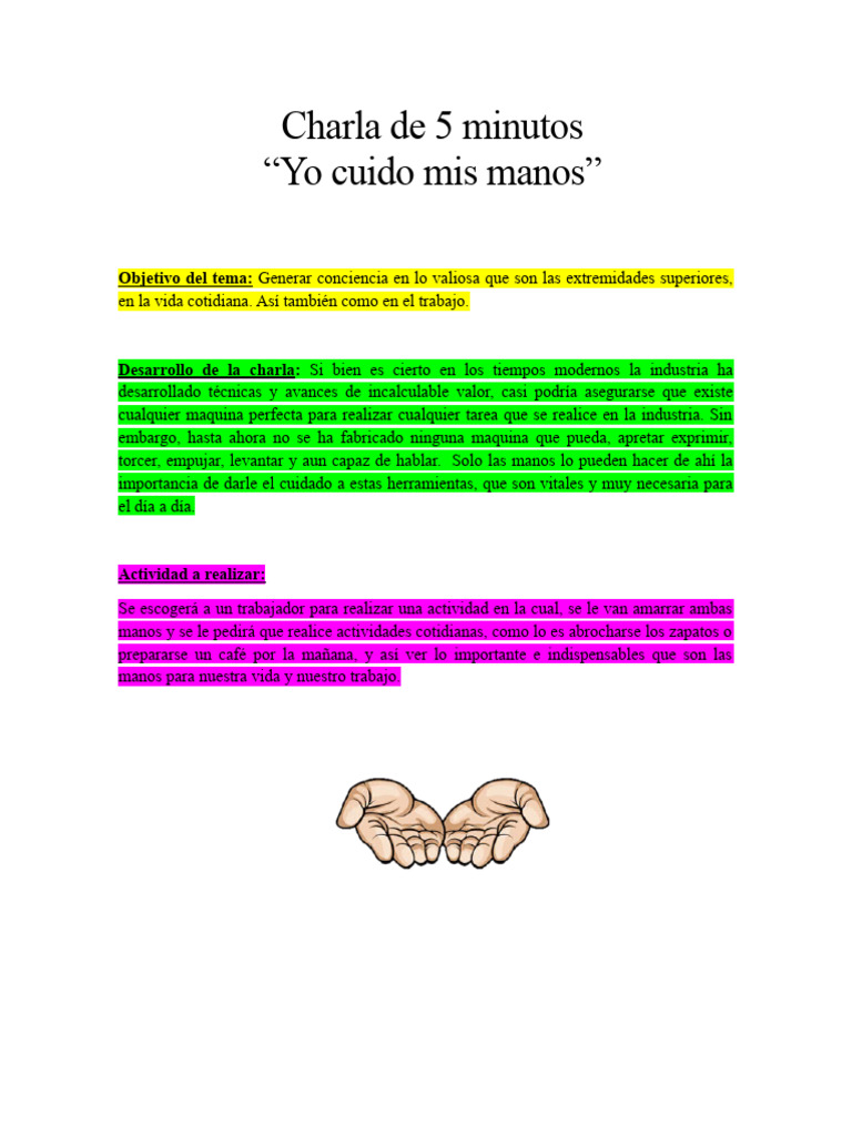 Charla de 5 Mnutos Cuido Mis Manos | PDF