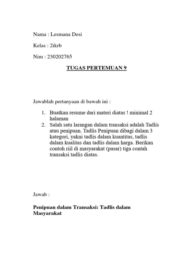 Tugas Pertemuan 9 - Lesmanadesi - Ikrb | PDF | Bisnis