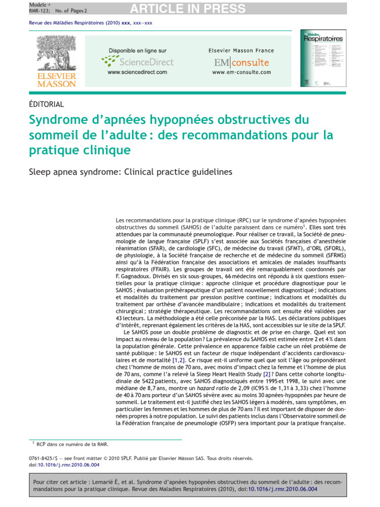 Recommandations cliniques SAHOS adulte | PDF | Syndrome d'apnées du ...