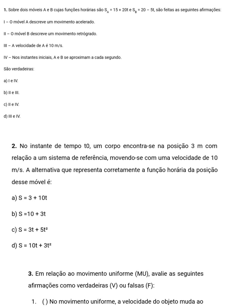 Exercícios Mru | Download grátis PDF | Velocidade | Espaço-tempo