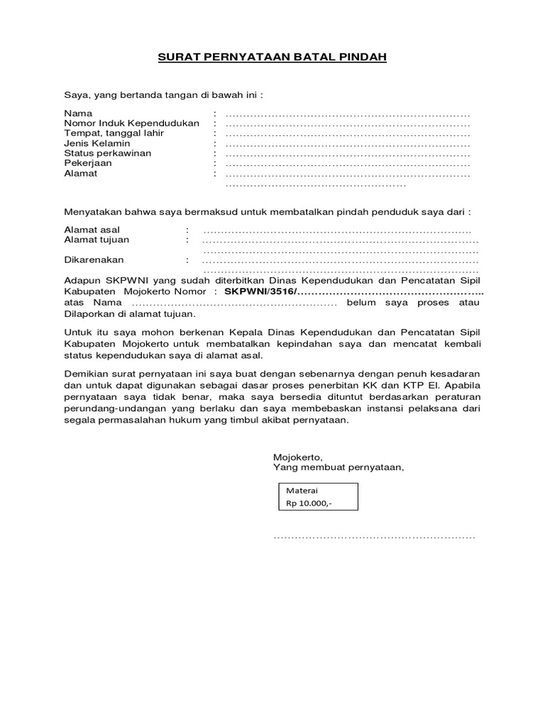 Surat Pernyataan Batal Pindah Penduduk | PDF