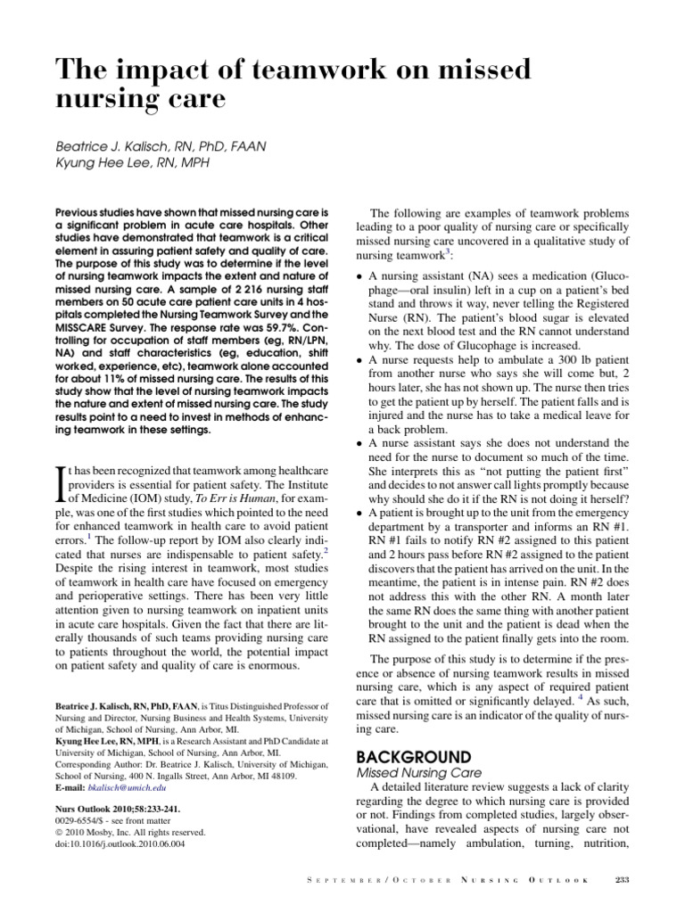 Kalisch - The Impact of Teamwork On Missed - Nursing Care | PDF ...