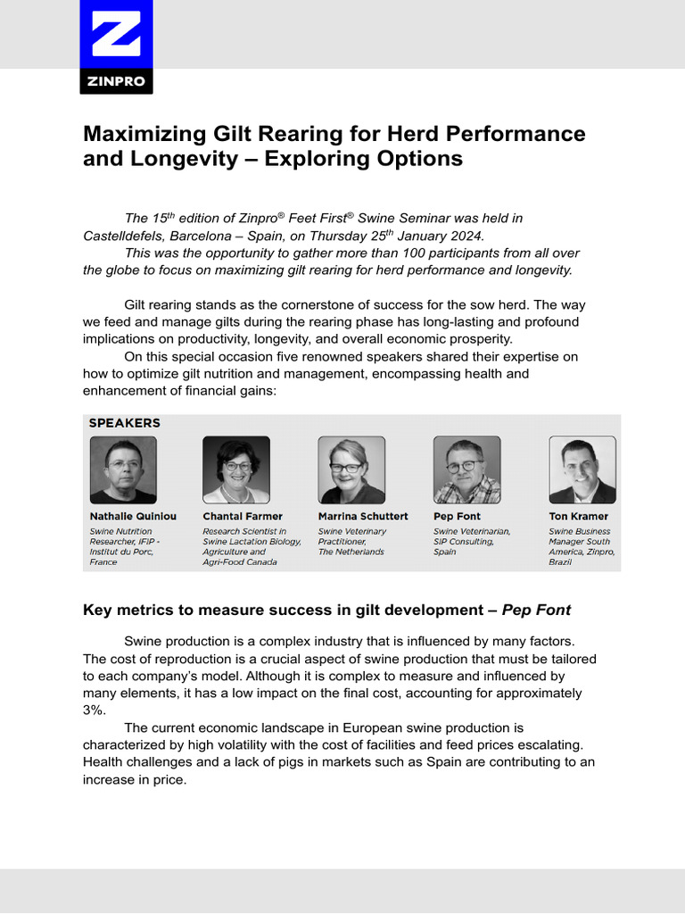 Cerdos Summary Zinpro Feet First Seminar 2024 PDF Pig Milk