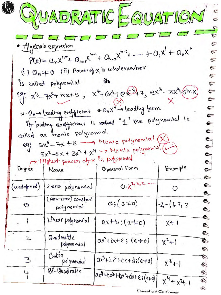 Quadratic Equation - Handwritten Notes - Prayas JEE 2025 | PDF