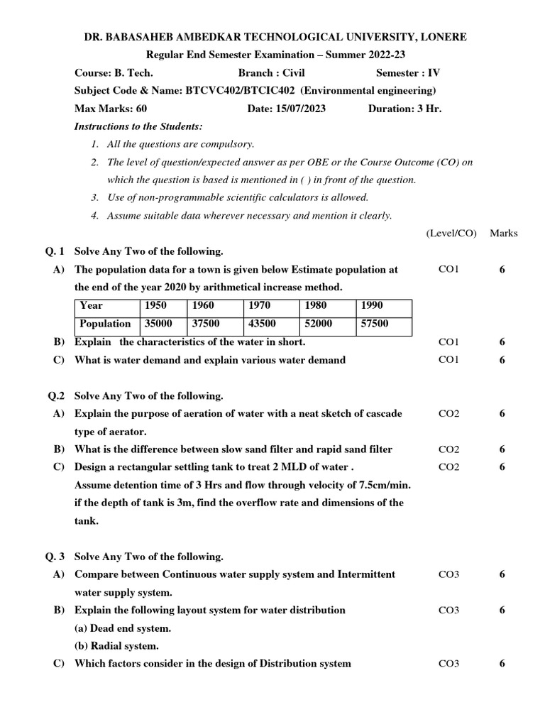 B.Tech Environmental Engineering Exam 2023 | PDF | Water ...