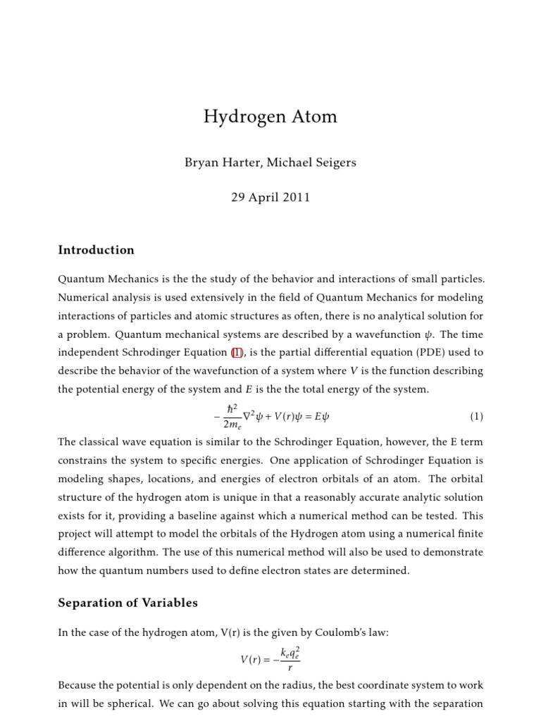 Hydrogen Atom: Numerical Methods | PDF | Atomic Orbital | Wave Function