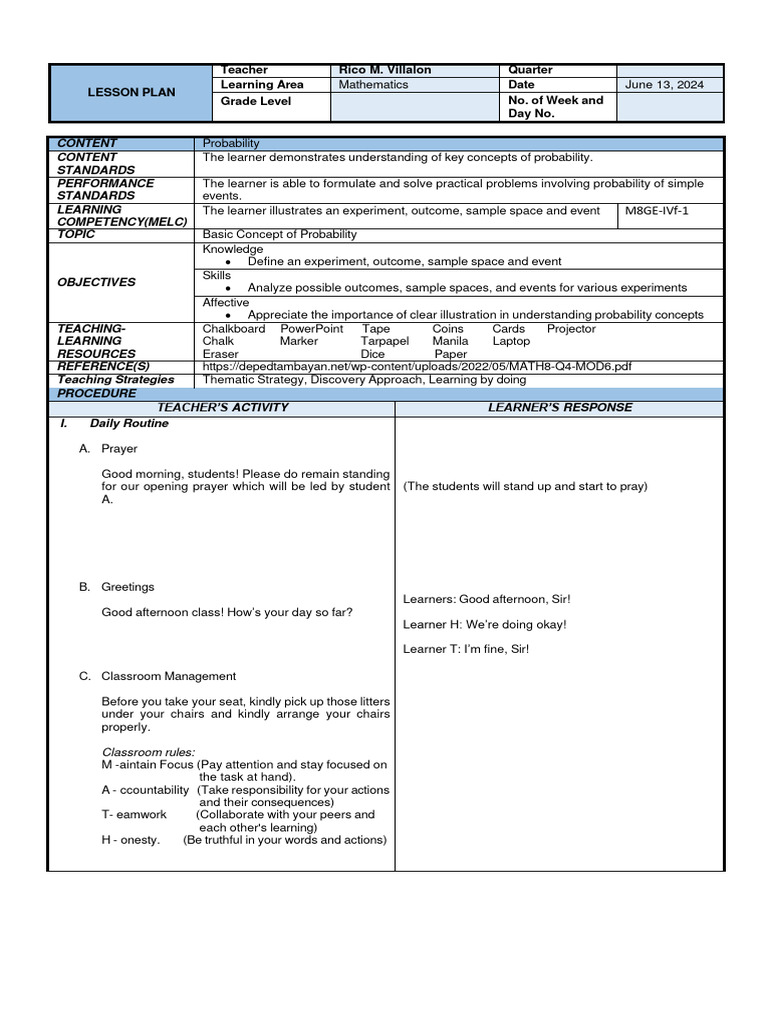 Probability Lesson Plan for Grade 8 | PDF