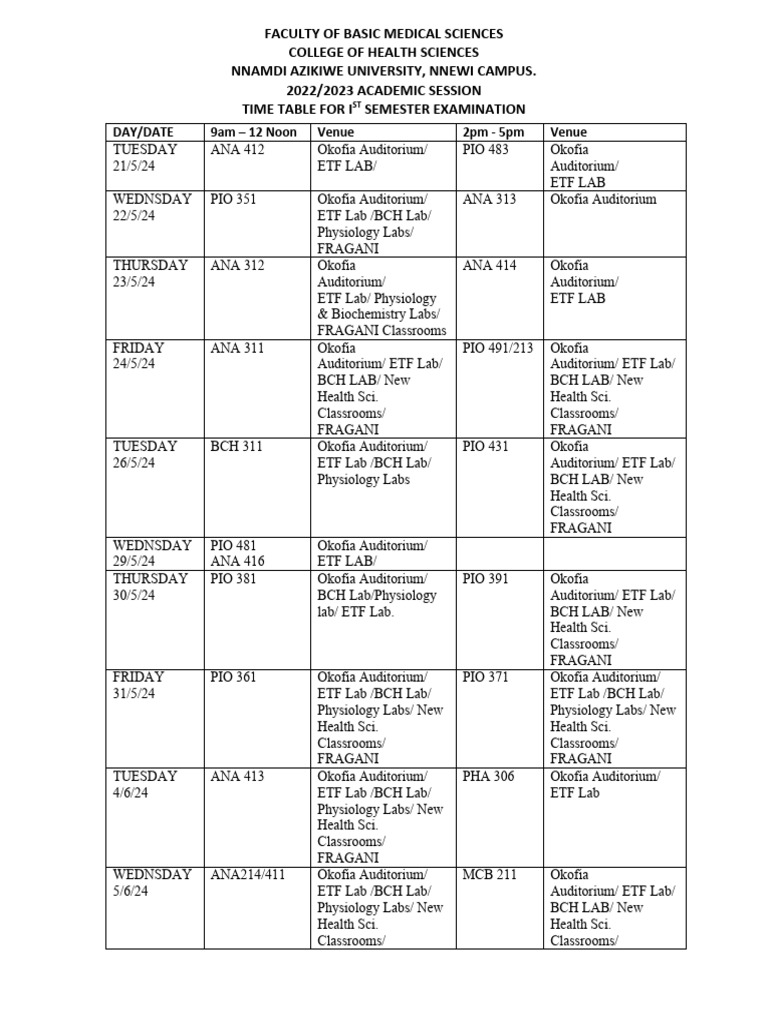 First Semester Exam Timetable 2023 | PDF | Health Care | Academia