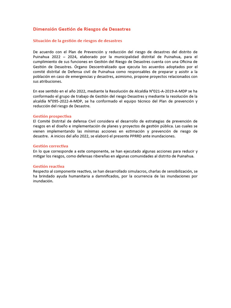 Gestión de Riesgos en Puinahua 2022-2024 | PDF | Defensa Civil | Riesgo