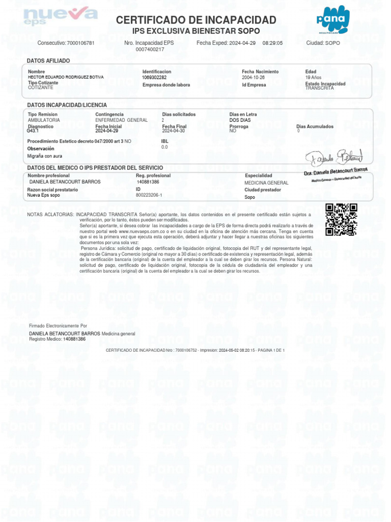 Certificado de Incapacidad - Nueva EPS Sopo | PDF