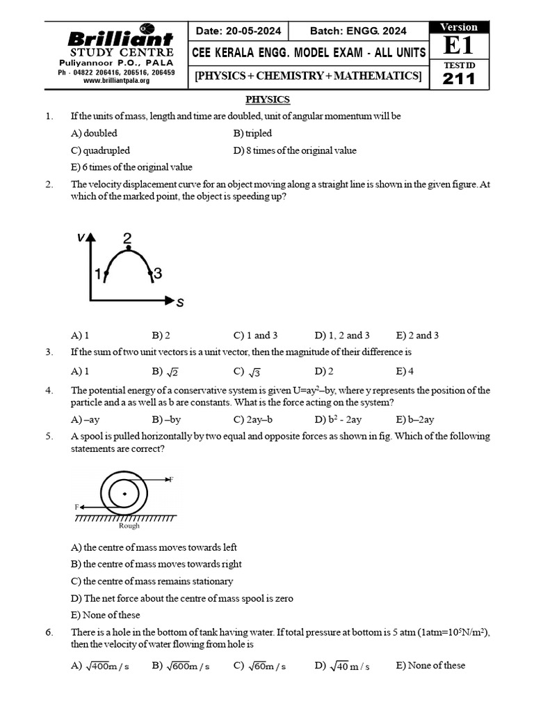 KEAM 2024 Physics Model Exam Questions | PDF | Physical Quantities