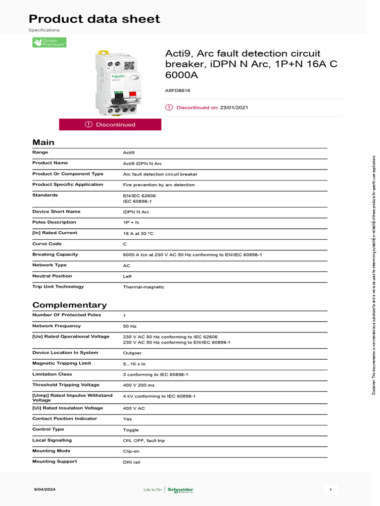 Schneider Electric - Acti9-iDPN-N-Arc - A9FDB616 | PDF | Alternating ...