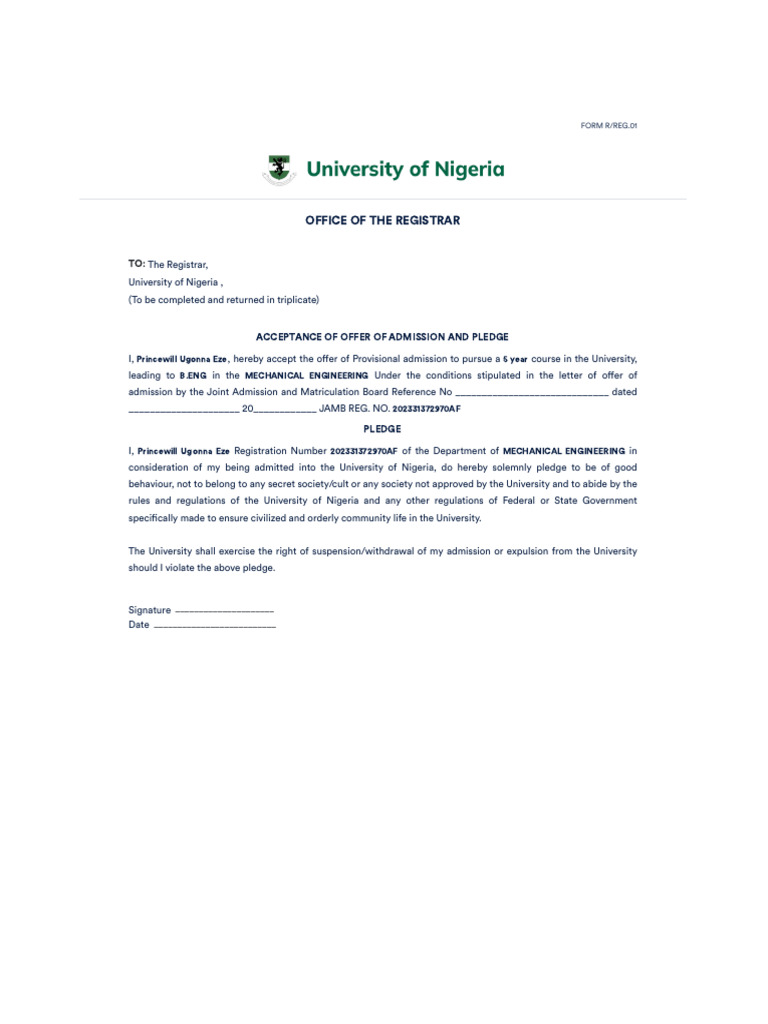 University of Nigeria Admission Acceptance | PDF