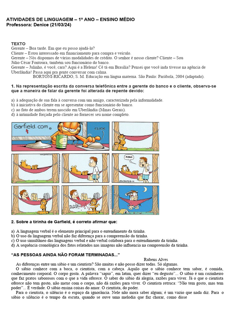 Atividade de Linguagens 1 Ano Ensino Medio | PDF | Sabedoria | Cidadania