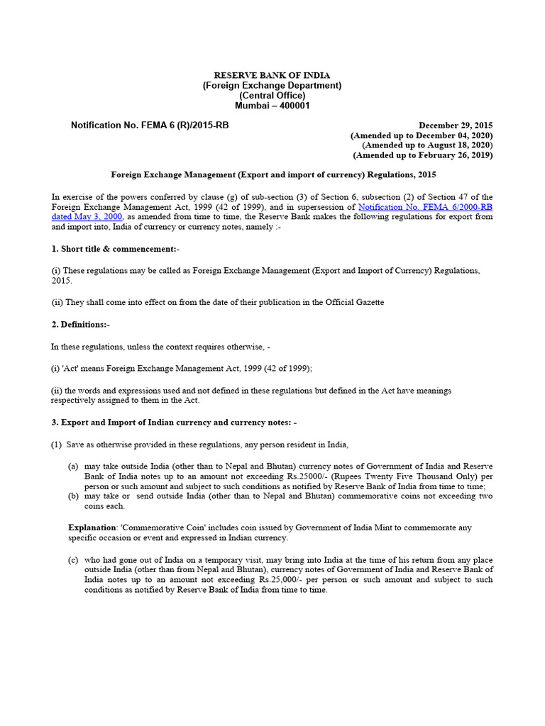 Foreign exchange management export and import of currency regulations
