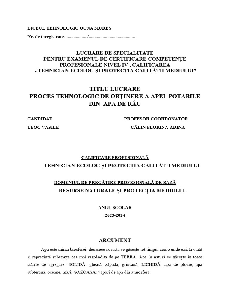 Teoc Vasile - Proces Tehnologic de Obținere Apa Potabila Din Apa de Rau ...