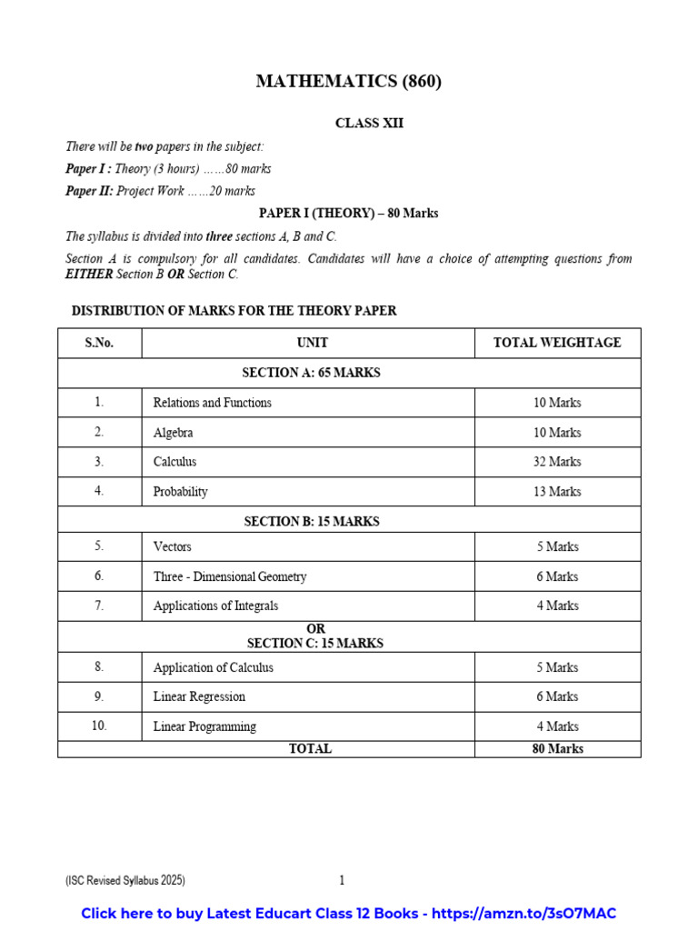 2024-25 ISC Class 12 Maths Syllabus | Download Free PDF | Matrix ...