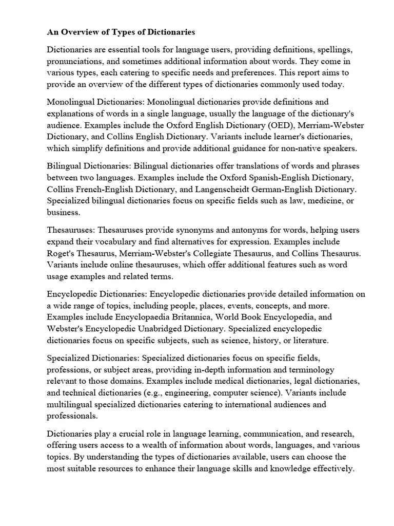An Overview of Types of Dictionaries | PDF | Dictionary | Multilingualism