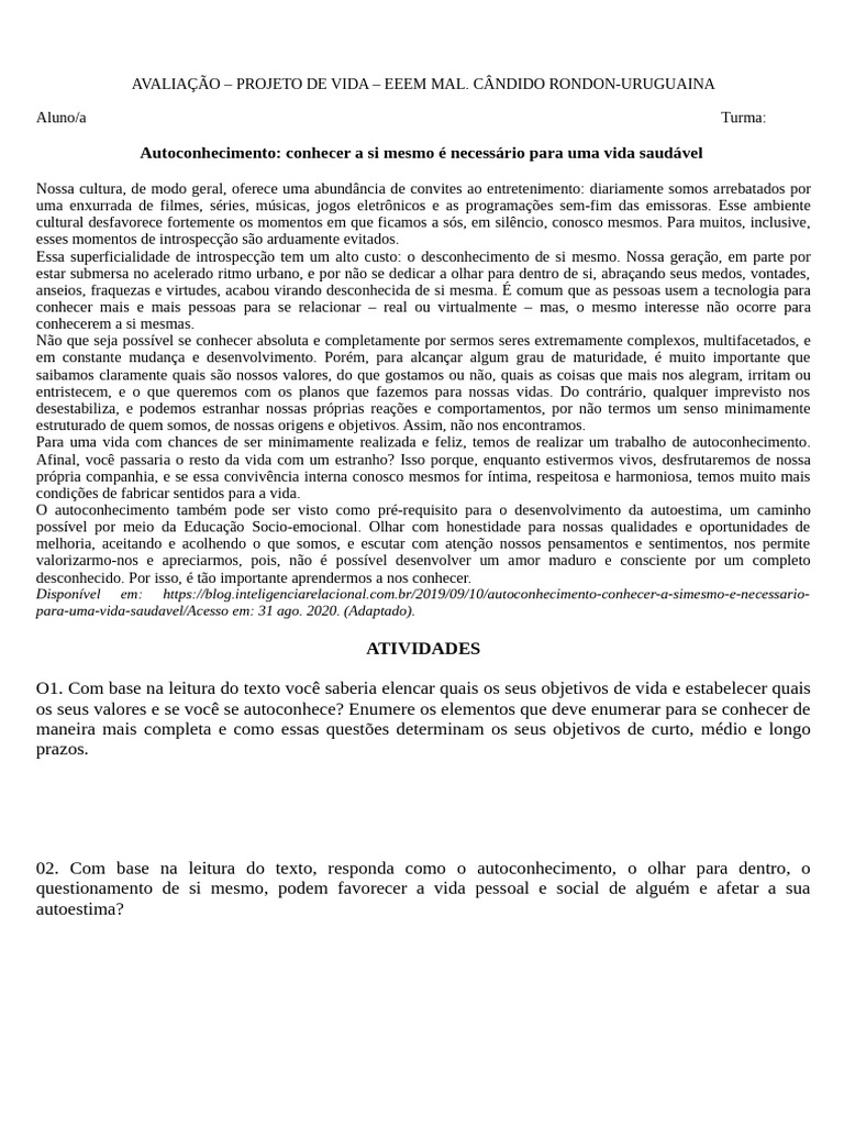 Autoconhecimento e Projeto de Vida | PDF | Vida | Autoestima