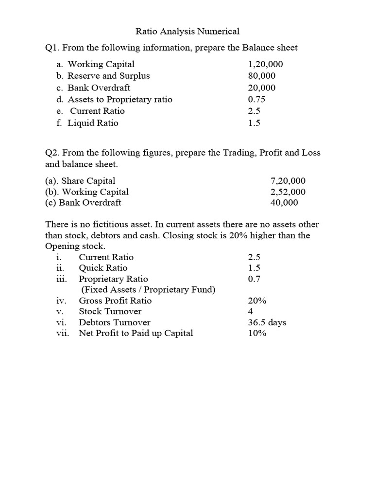 Ratio Analysis Numerical | PDF | Balance Sheet | Working Capital