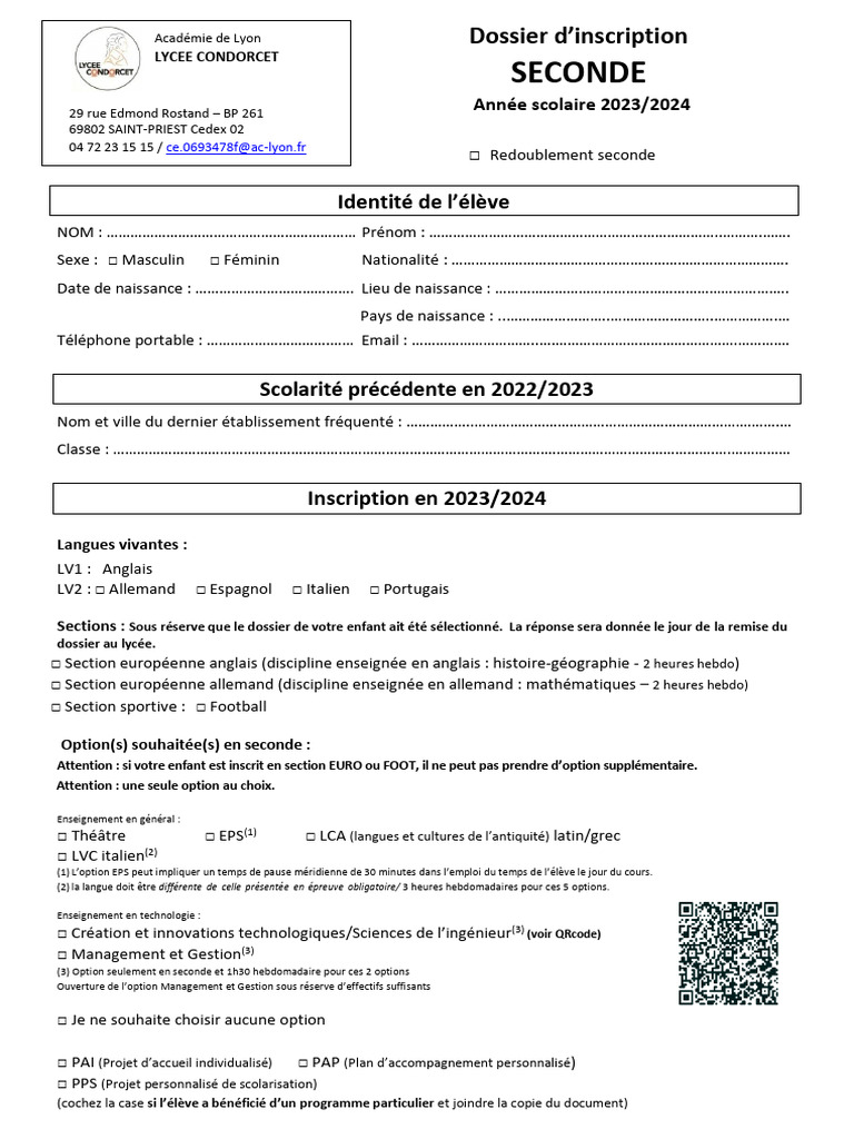 Dossier d'inscription Lycée Condorcet 2023-2024 | PDF