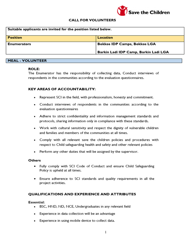 Call For Volunteers Template ENUMERATOR - Plateau IDP Response - Final ...