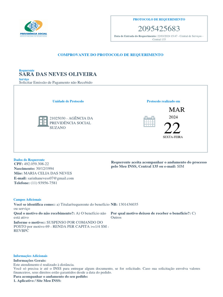 Protocolo de Requerimento INSS 2095425683 | PDF