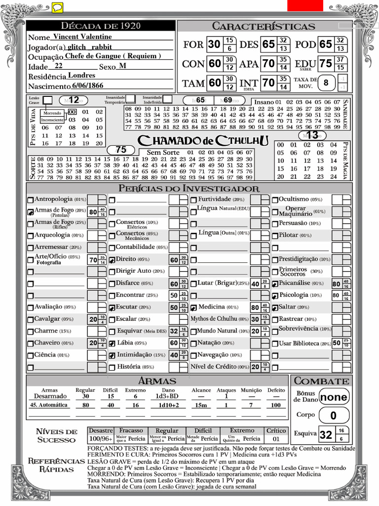 Call of Cthulhu 7E - Ficha de Personagem Editável 1920-1 | PDF