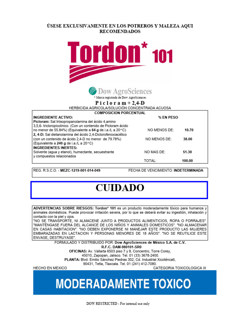 Ficha Técnica del Herbicida Tordon 101 | PDF | Agua | Quemar
