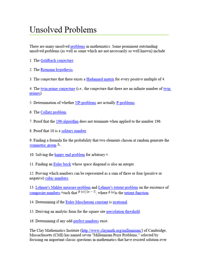 Unsolved Problems in Mathematical | PDF | Conjecture | Numbers