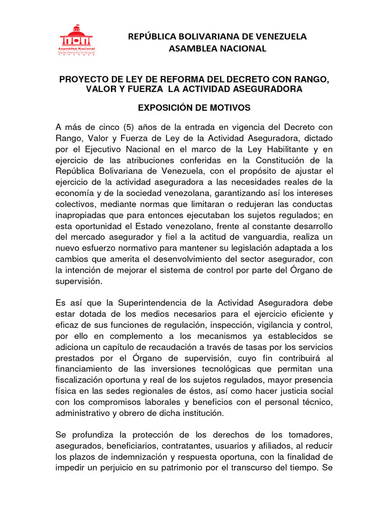 Reforma Ley Actividad Aseguradora Venezuela | PDF | Seguro | Reaseguro