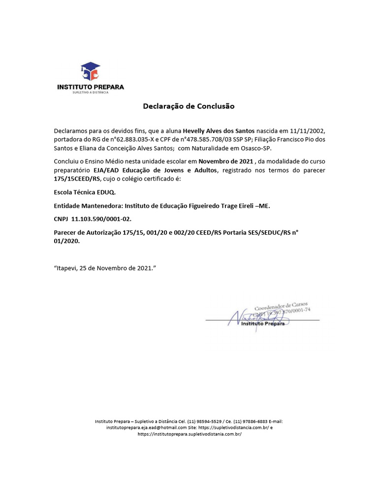 Declaração de Conclusão do Ensino Médio EJA | PDF