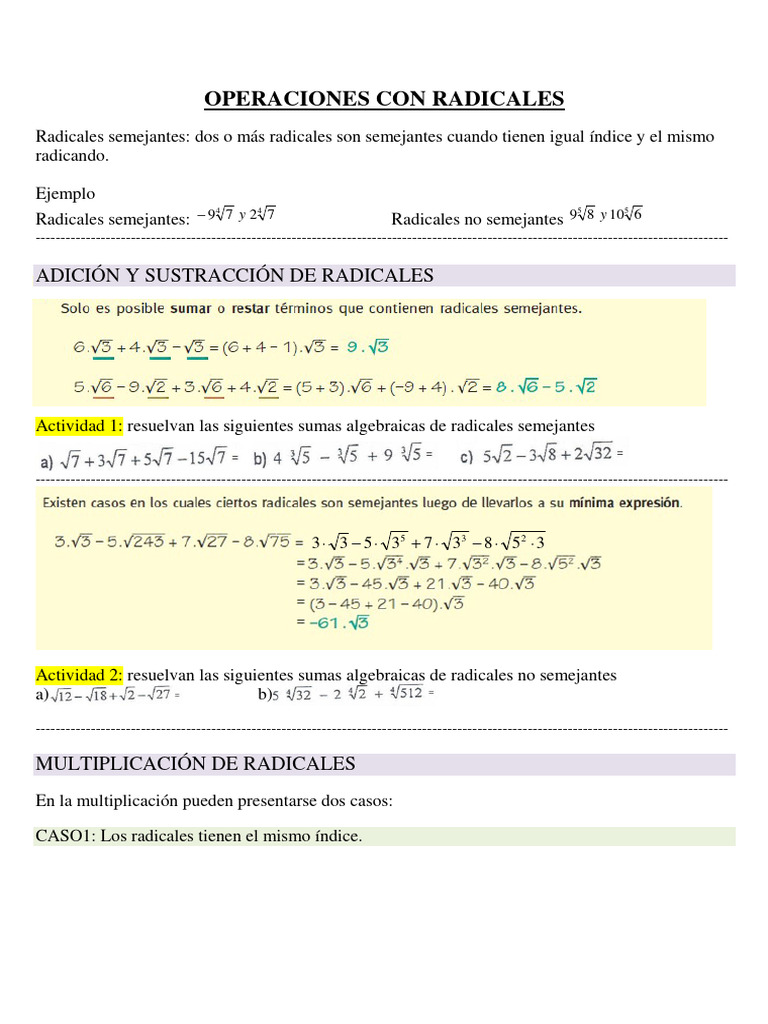 Operaciones Con Radicales Pdf