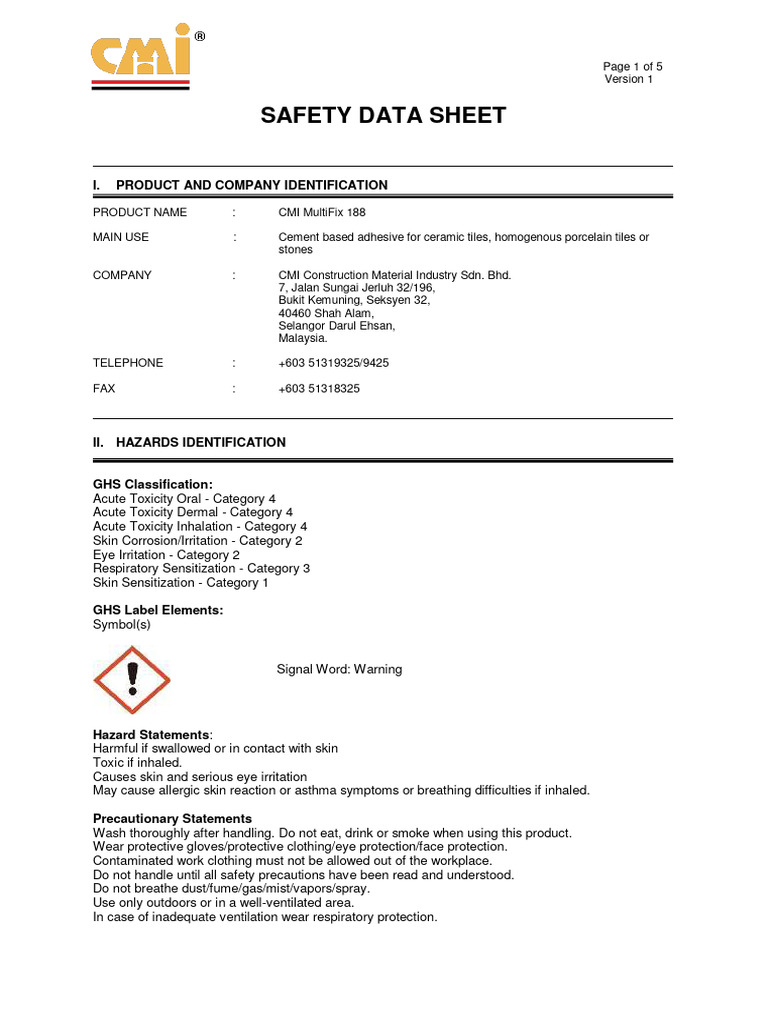 Material Safety Data Sheet Cmi Multifix Pdf Toxicity Occupational