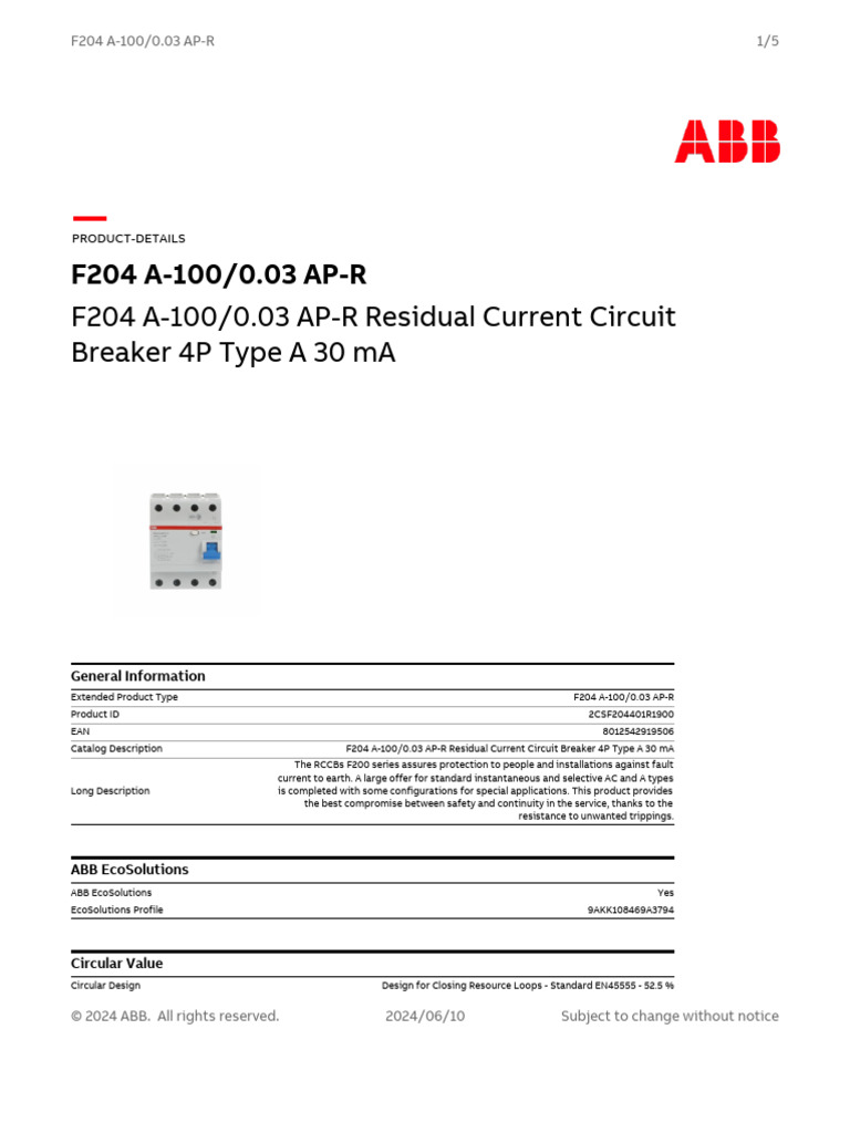 F204 A-100/0.03 AP-R RCCB Overview | PDF | Electrical Engineering ...