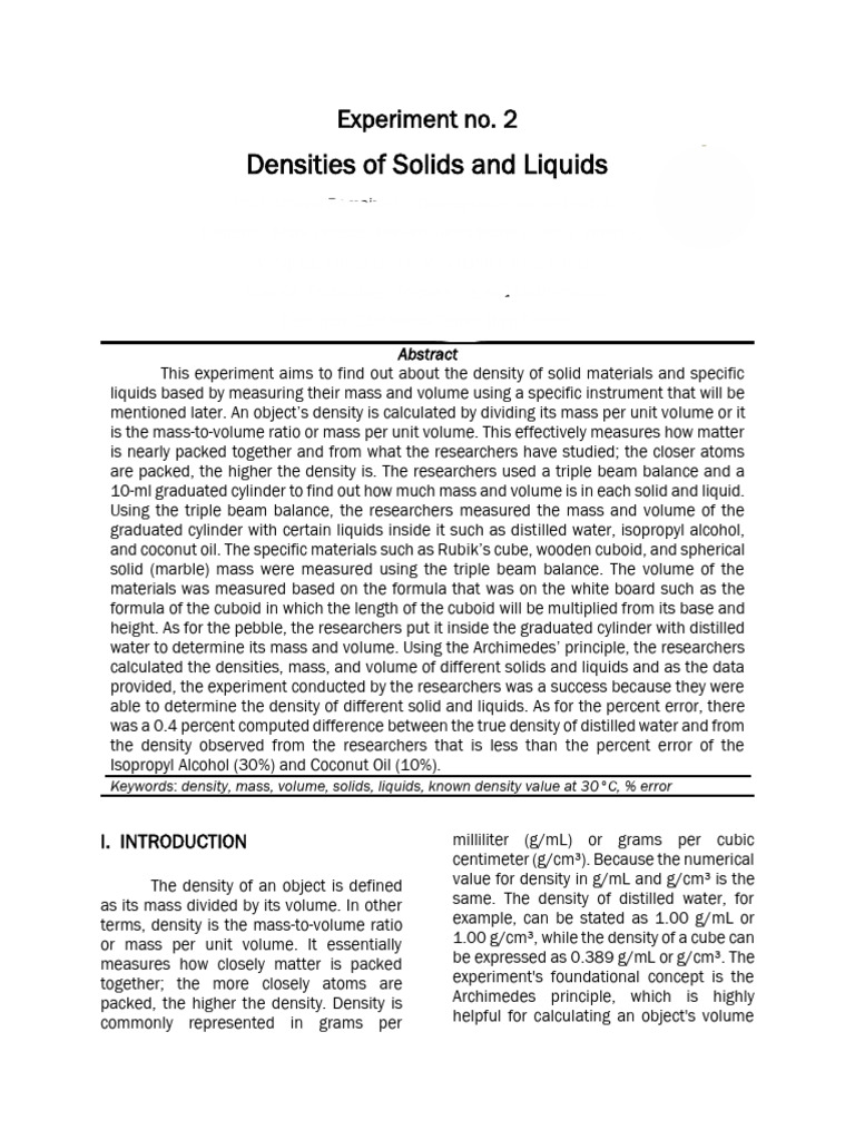 Measuring Densities of Solids and Liquids | PDF | Density | Volume