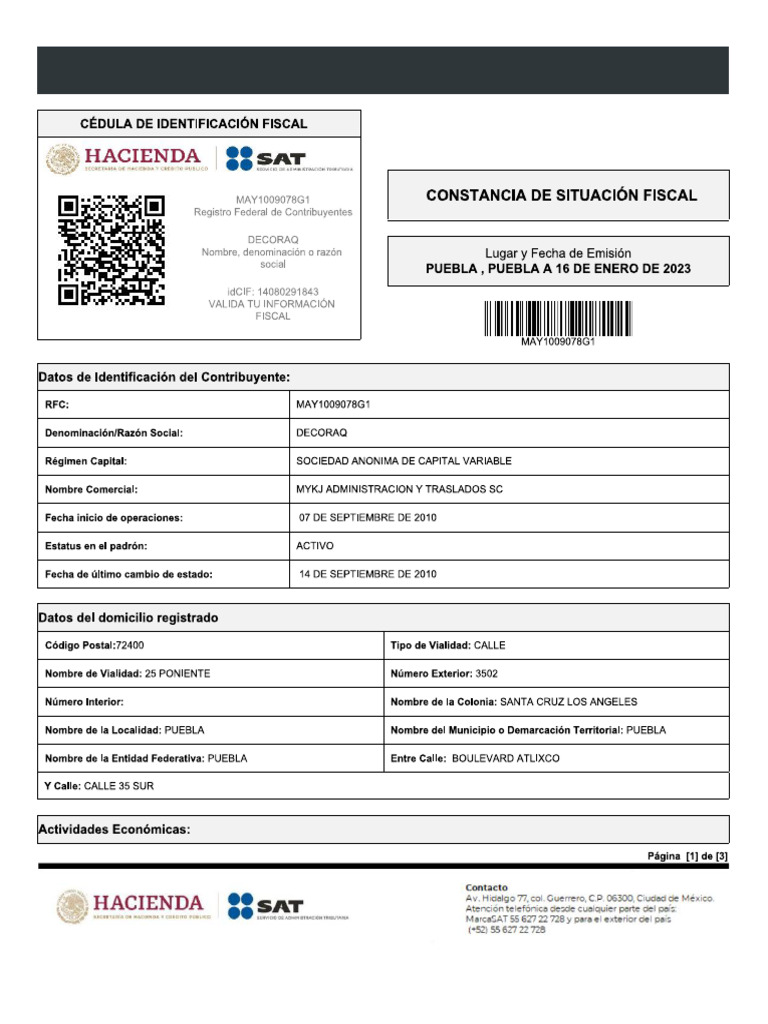 Constancia de Situacion Fiscal Decoraq 160123 | PDF