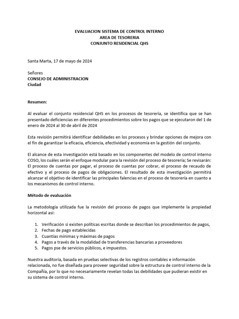 Evaluacion Sistema de Control Interno | PDF | Condominio | Evaluación