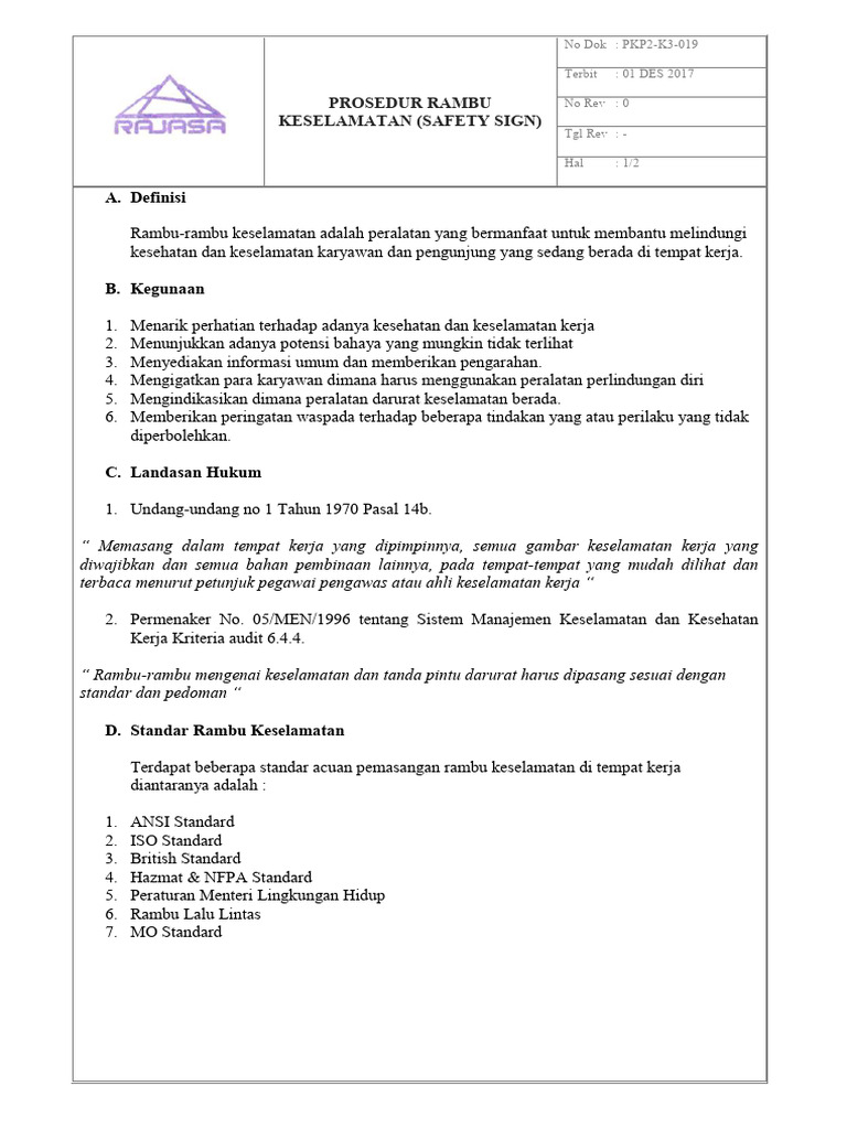 Prosedur Rambu Keselamatan Kerja | PDF