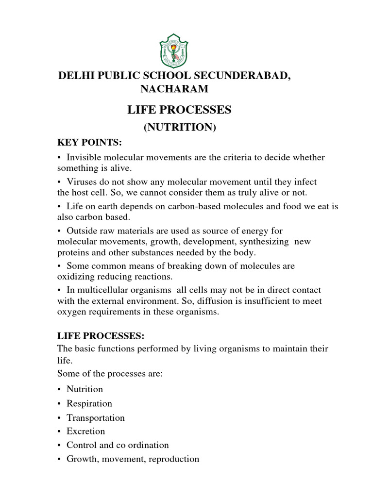 Life Processes Nutrition Notes Pdf Digestion Nutrition