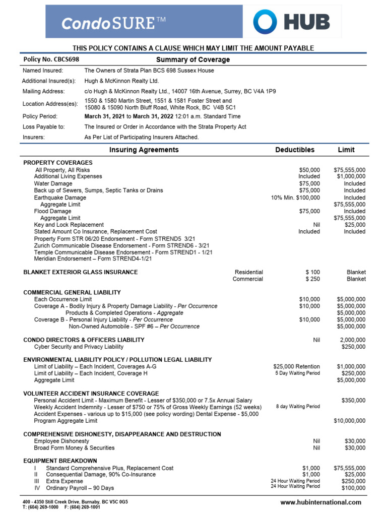 Strata Insurance Policy Summary BCS 698 | PDF | Insurance | Deductible