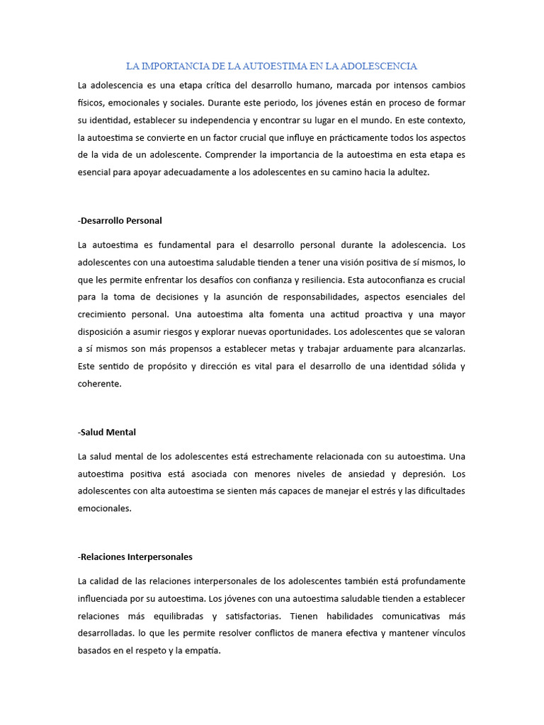 Autoestima En La Adolescencia Pdf Autoestima Adolescencia