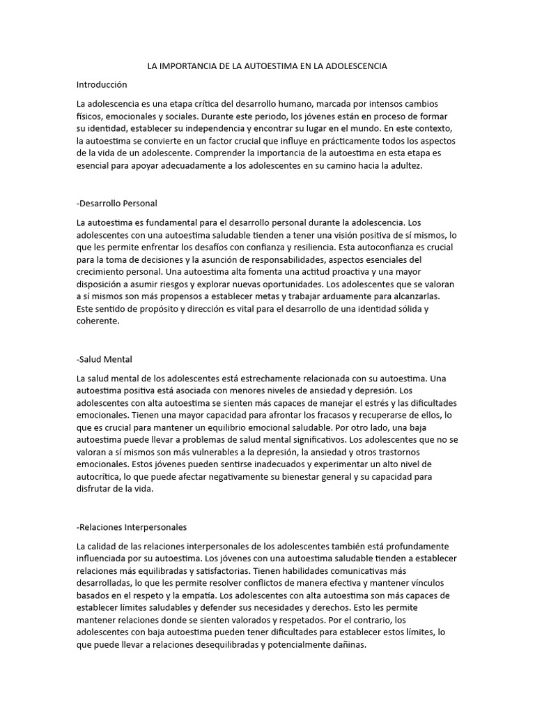 La Importancia de La Autoestima en La Adolescenci1 | PDF | Autoestima ...