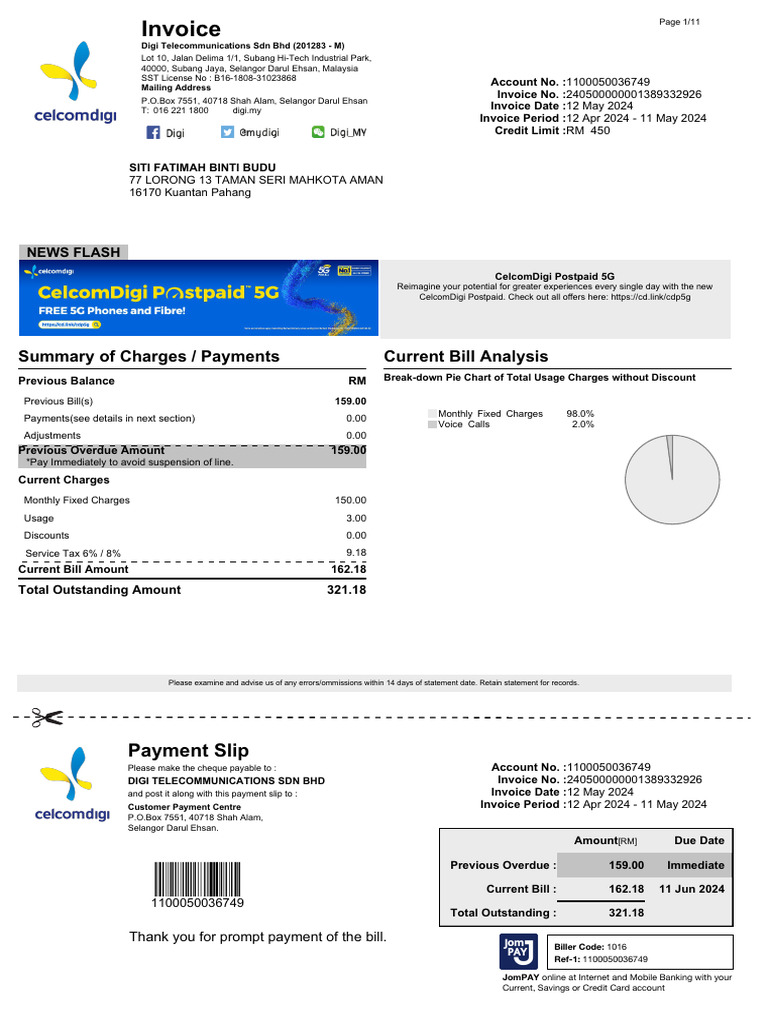 CelcomDigi Postpaid Bill Summary | PDF | Cheque | Credit Card