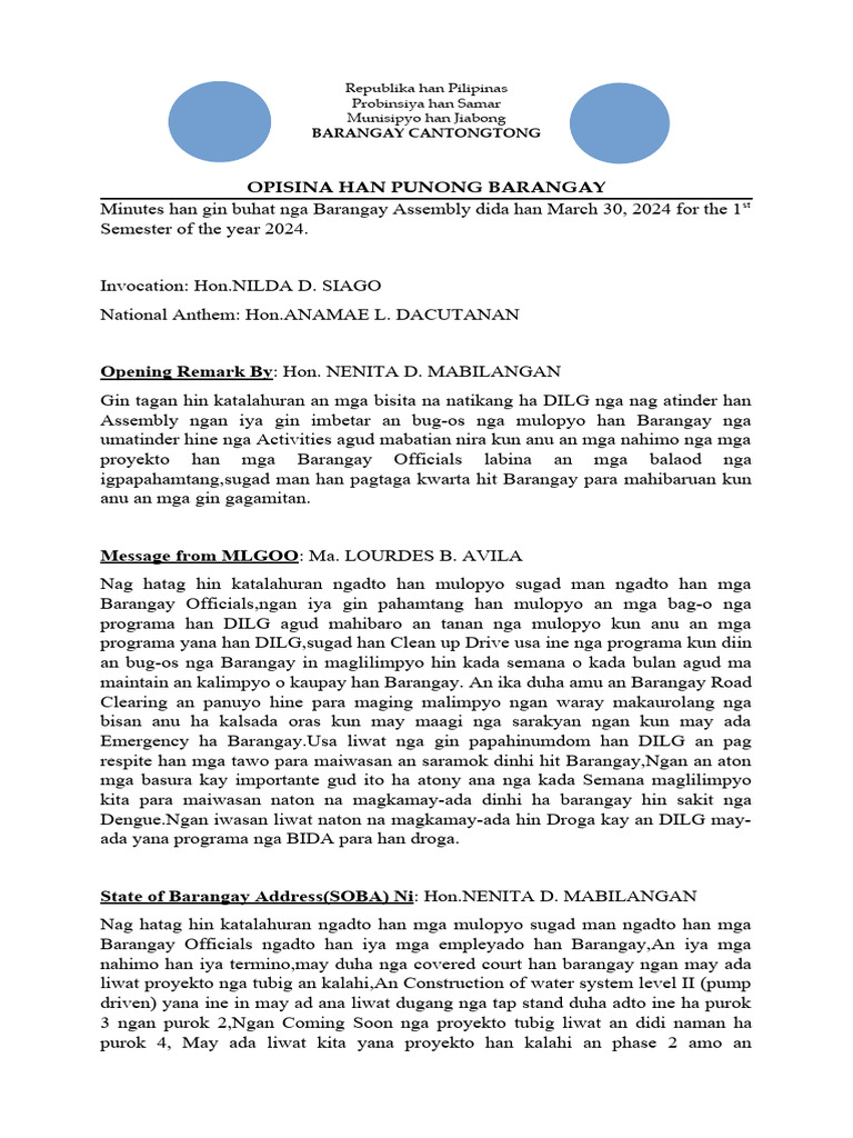 Barangay Assembly 2024 | PDF