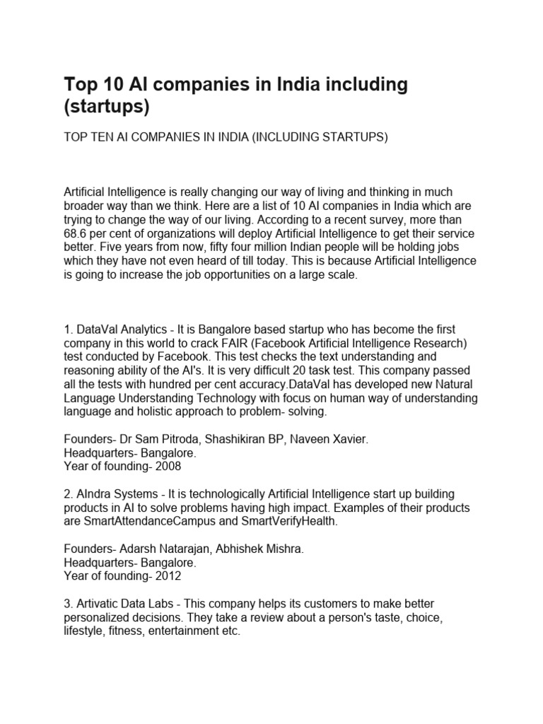 Top 10 Ai Companies In India Contentmart Pdf Artificial