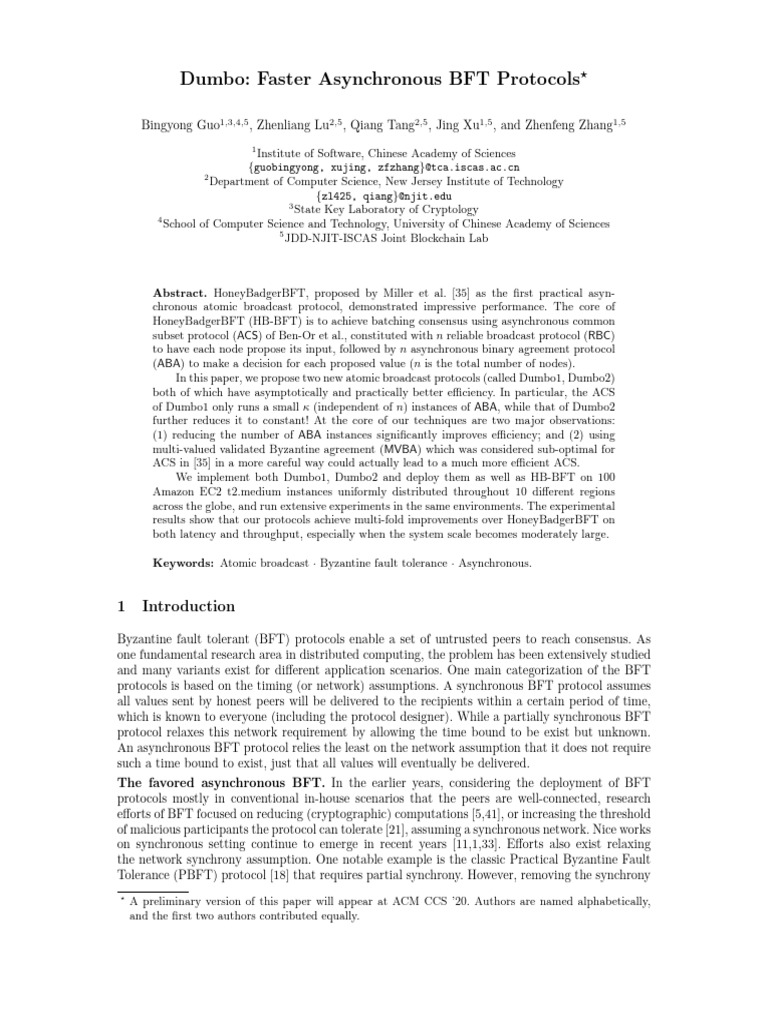 2020 Dumbo Faster Asynchronous BFT Protocols | PDF | Computer ...