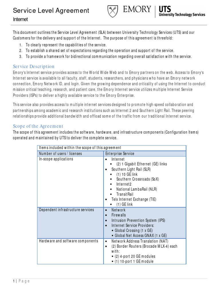 Emory Internet Service Level Agreement | PDF | Internet | Internet ...